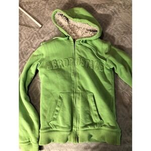 Vtg Aeropostale Zip Up Hoodie Lime Green Women Sz Medium Distressed Y2K